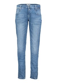 Vaqueros de denim azul claro con corte ajustado, que cuentan con un cierre de botón, cinco bolsillos y un ligero desgastado. Textura suave con detalles de costura clásica.