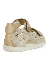 Sandalo perforato beige con tomaia in materiale sintetico, cinturino in Velcro e suola in gomma bianca. Presenta un interno imbottito per il massimo comfort.