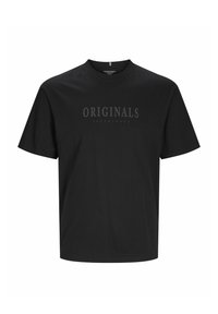 Černé bavlněné tričko s krátkým rukávem, kulatým výstřihem a potiskem na přední straně, který zní "ORIGINALS JACK & JONES" ve tmavém písmu.