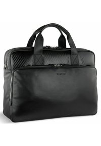 Black leather laptop bag with carbon fiber accents, featuring dual top handles, zippered compartments, and a smooth texture.