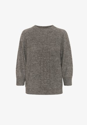 Šedý pletený svetr s kulatým výstřihem, dlouhými rukávy a uvolněným střihem. Měkká pletenina s jemnými variacemi barvy.
