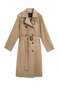 Beige Trenchcoat aus Stoff, mit doppelt geknöpftem Verschluss, Gürtel in der Taille und Schulterstücken.
