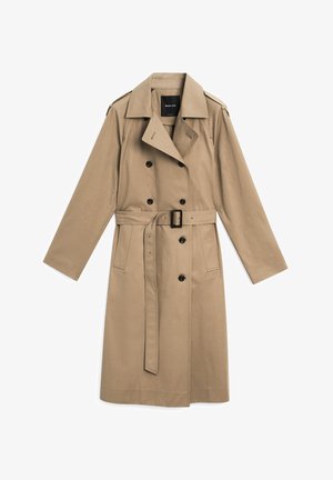 Beige Trenchcoat aus Stoff, mit doppelt geknöpftem Verschluss, Gürtel in der Taille und Schulterstücken.