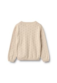 Beige striktrøje, rund hals, lange ærmer. Har et tekstureret mønster med små, hævede prikker. Blødt materiale, ribbede manchetter og kant.