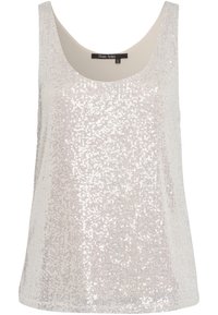 Débardeur en satin argent clair, recouvert de sequins. Doté d'un décolleté arrondi et d'un design sans manches. Surface texturée et réfléchissante.