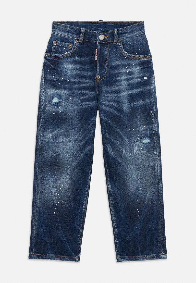Mörkblå denimjeans med en urtvättad yta, slitna detaljer och spridda vita färgfläckar; rak benstruktur och klassiska fickor.