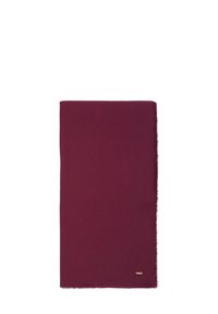 Bordeaux tørklæde lavet af blødt stof, med frynset kanter og en lille guld logo detalje i det nederste hjørne.
