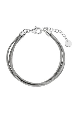 Silberfarbene Armbänder mit zwei verflochtenen Strängen, einem Karabinerhaken und einer verstellbaren Kette, abgerundet mit einem kleinen runden Anhänger.
