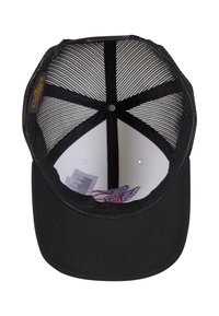 Black cap featuring a mesh interior and flat brim, with a white underside. Includes a care tag and a decorative embroidery on the liner.