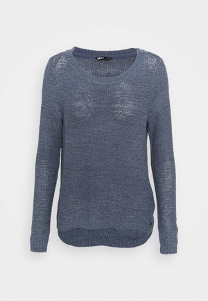 Pull en maille bleu foncé à manches longues, col rond et motif texturé. Comprend un ourlet côtelé et une étiquette de marque en bas.