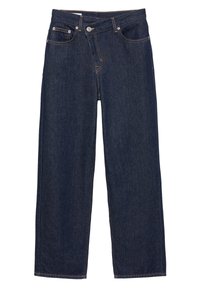 Dunkelblaue Jeans mit geradem Bein, Knopf- und Reißverschluss, Vorder- und Gesäßtaschen sowie kontrastierenden Nähten.