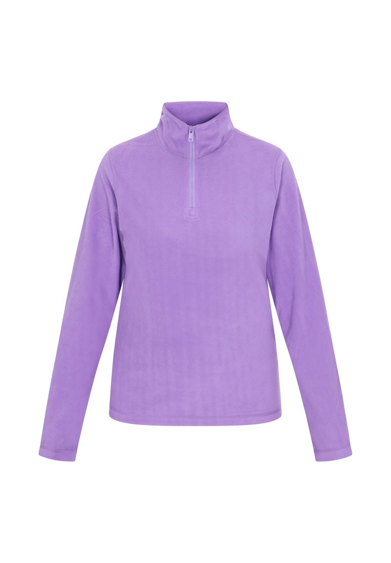 Helllila Fleece-Pullover mit hohem Kragen und halbem Reißverschluss, langen Ärmeln und einer glatten, weichen Textur.