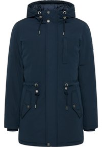 Giacca invernale con cappuccio blu navy, dotata di lacci, bottoni metallici e tasche con patta, progettata per il freddo.