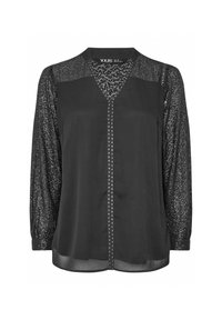 Blouse noire avec un décolleté en V, des manches longues en dentelle transparente ornées de sequins, et une rangée de clous décoratifs au centre devant. Texture de tissu lisse.