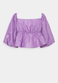 Lila, geraffte Stoffbluse mit quadratischem Ausschnitt, puffigen langen Ärmeln und gesammelter elastischer Taille und Schultern.