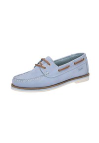 Hellblaue Lederbootsschuhe mit weißen Nähten, braunen Lederbändern und beigen Akzenten. Sie verfügen über eine strukturierte Innensohle und eine Gummisohle.