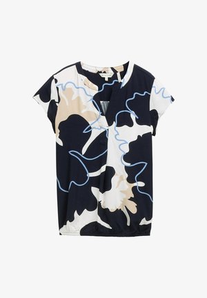 Kurzärmeliges Oberteil in Marineblau, Weiß und Beige mit einem abstrakten Blumenmuster. Mit V-Ausschnitt und leicht gerafftem Saum.