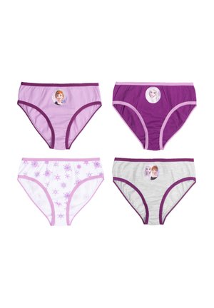 Vier Paare Kinderunterhosen: zwei lila mit Charaktermotiven, eine weiße mit Schneeflockenmuster und eine graue mit lila Akzenten.