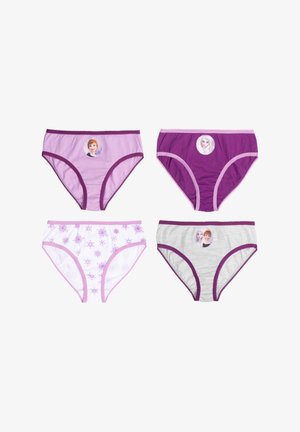 Quattro paia di mutandine per bambini: due viola con stampe di personaggi, una bianca con motivo di fiocchi di neve e una grigia con dettagli viola.