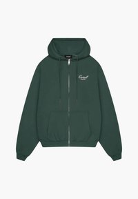 Grüne Baumwoll-Jacke mit Reißverschluss, die eine vordere Kängurutasche, eine Kapuze mit Kordelzug und ein gesticktes Logo auf der Brust besitzt. Glatte Textur.