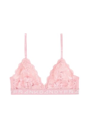 Spetsbralette i mjuk rosa med blommönster. Har justerbara axelband och en band med logotypprydnad. Lättvikts, delikat struktur.