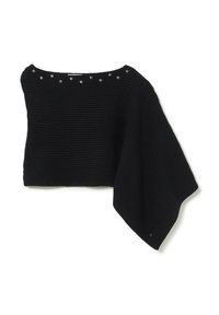 Top de punto negro con diseño asimétrico, con detalles en plata a lo largo del escote y una manga drapeada en un lado.