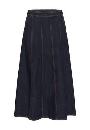 Dark denim A-line skirt featuring a wide waistband, visible stitching, and a flared hem. No pockets or embellishments are present.