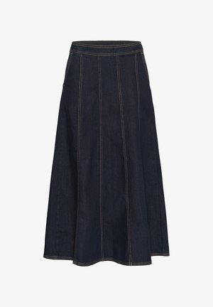 Ciężka spódnica w kształcie litery A z ciemnego dżinsu, z szerokim pasem, widocznym przeszyciem i rozkloszowanym dołem. Brak kieszeni i ozdób.