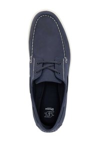 Navy blue boat shoe with a smooth leather upper, white stitching, and lace-up design. Features a cushioned insole for comfort.