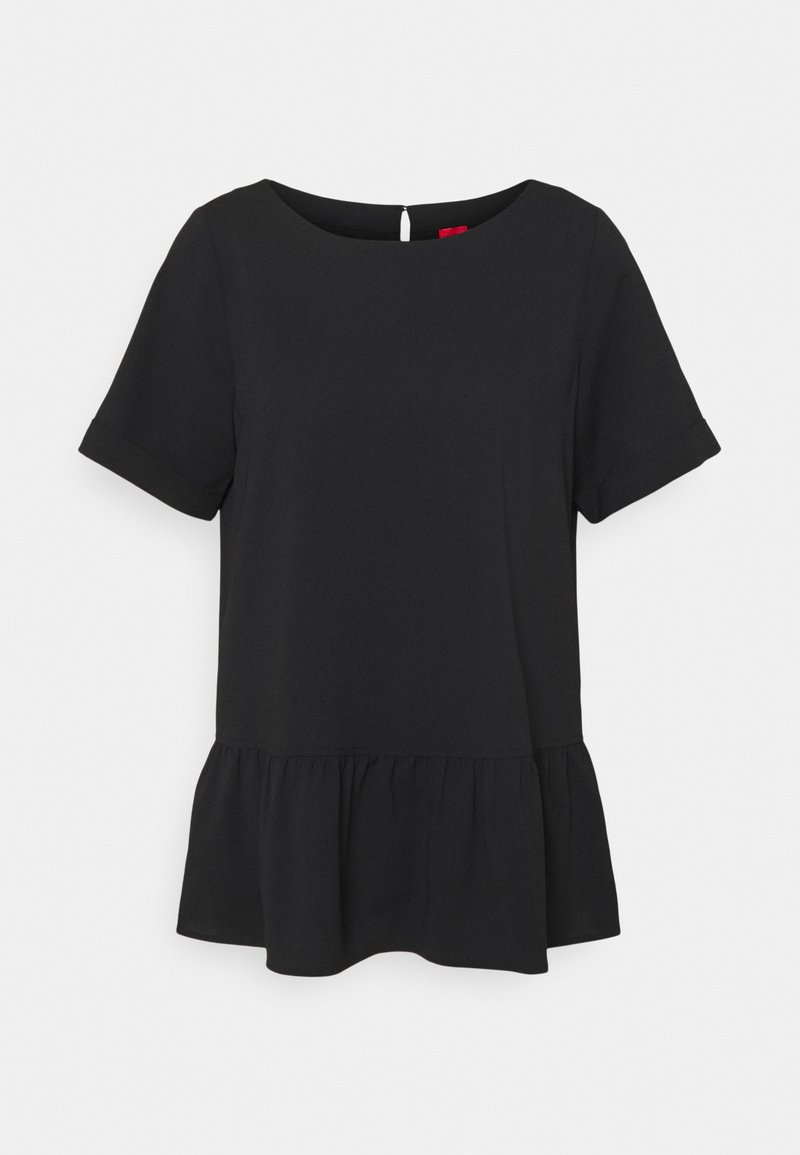 Haut péplum noir avec manches courtes retroussées, encolure ronde et coupe droite ; fabriqué en tissu lisse avec un léger éclat.