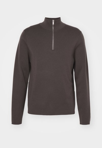 Mørkegrå langermet genser med høy krage og halv glidelås. Laget av et mykt, strukturert stoff. Enkel, minimalistisk design.