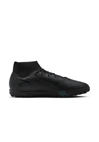 Black athletic shoes with a high collar, textured upper, and rubber outsole featuring chevron-shaped lugs for traction. Dark turquoise accents.