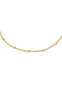 Goldfarbene Kettenhalskette mit rundem Glieddesign und gleichmäßig verteilten, sphärischen Akzenten. Glatte Oberfläche, zarte Form, leichtes Erscheinungsbild.