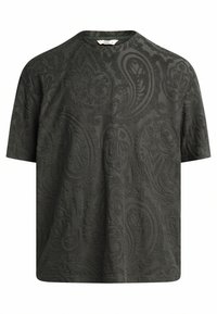 Mørkegrå kortærmet t-shirt med et struktureret paisley-mønster, rund halsudskæring og afslappet pasform. Blødt stof med en glat overflade.