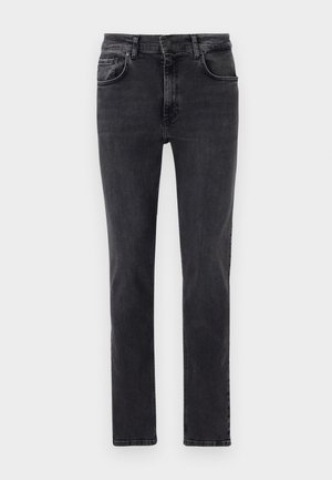 Schwarze Jeans aus Denim mit geradem Schnitt, fünf Taschen und subtilen Verwaschungen. Hergestellt aus weichem, flexiblem Baumwollstoff.