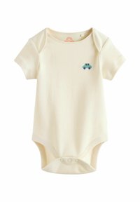 Helles cremefarbenes Babybodysuit mit kurzen Ärmeln, verziert mit einer blauen und grünen Auto-Stickerei auf der Brust und Druckknöpfen am unteren Ende.
