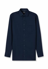 Marineblaue langärmlige Hemdbluse mit breitem Kragen, einer einzelnen Brusttasche und feiner Textur. Ausgestattet mit passenden Knöpfen und Manschetten.