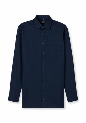 Marineblaue langärmlige Hemdbluse mit breitem Kragen, einer einzelnen Brusttasche und feiner Textur. Ausgestattet mit passenden Knöpfen und Manschetten.