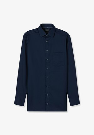 Marineblaue langärmlige Hemdbluse mit breitem Kragen, einer einzelnen Brusttasche und feiner Textur. Ausgestattet mit passenden Knöpfen und Manschetten.