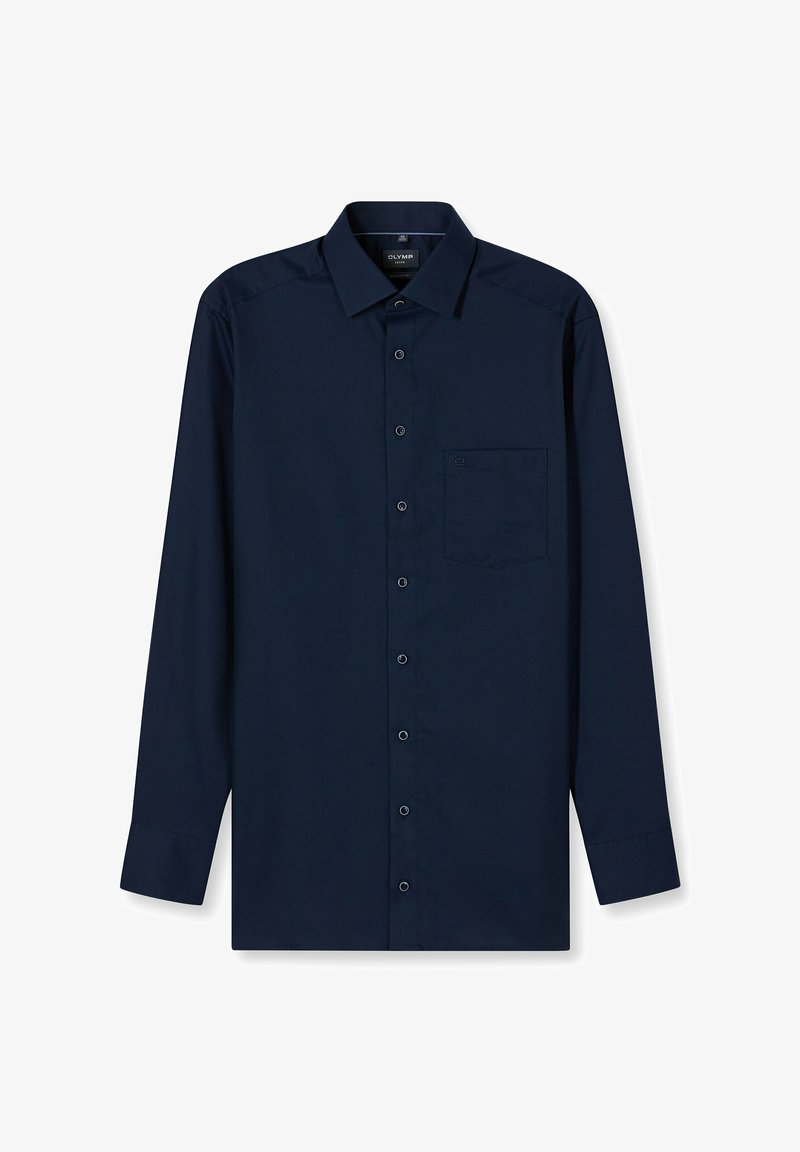 Marineblaue langärmlige Hemdbluse mit breitem Kragen, einer einzelnen Brusttasche und feiner Textur. Ausgestattet mit passenden Knöpfen und Manschetten.