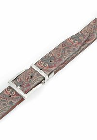 Gemusterter Ledergürtel mit aufwändigem Paisley-Design in Rot-, Blau- und Goldtönen. Silberne Metall-Schließe und verstellbare Löcher für die Passform.