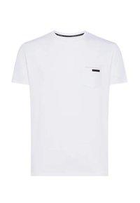 T-shirt bianca in cotone con taschino sul petto caratterizzato da dettagli neri e rossi, maniche corte e design classico a girocollo.