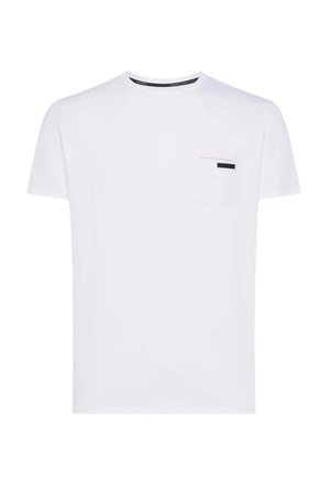 T-shirt bianca in cotone con taschino sul petto caratterizzato da dettagli neri e rossi, maniche corte e design classico a girocollo.