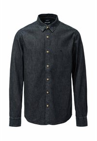 Camisa de mezclilla oscura con cuello abotonado, mangas largas y botones de madera. Presenta un pequeño logo en el pecho. Textura suave.