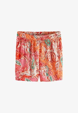 Lätta shorts med elastisk midja, prydda med ett levande paisleymönster i orange, rosa och turkos, med en mjuk textur.