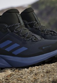 Zapatos de senderismo negros y azules con una parte superior texturizada, que presentan tres franjas azules, la marca Gore-Tex y una suela duradera para ofrecer tracción.