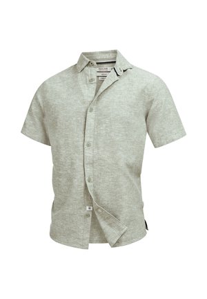 Camicia grigia chiara in lino a maniche corte con chiusura frontale a bottoni e colletto, mostrata parzialmente sbottonata su sfondo bianco.