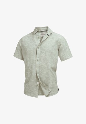 Camicia grigia chiara in lino a maniche corte con chiusura frontale a bottoni e colletto, mostrata parzialmente sbottonata su sfondo bianco.