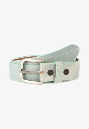 Mint green leather belt with a textured finish, featuring a silver metal buckle and black decorative rivets.