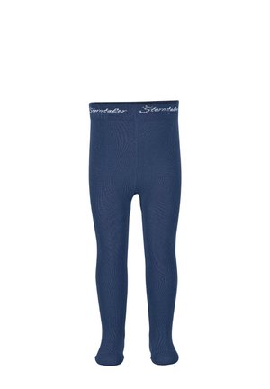 Marineblaue Kinderstrumpfhosen mit glatter Textur, ausgestattet mit einem gestickten Logo auf dem Bund. Das Design ist einfach und körperbetont.